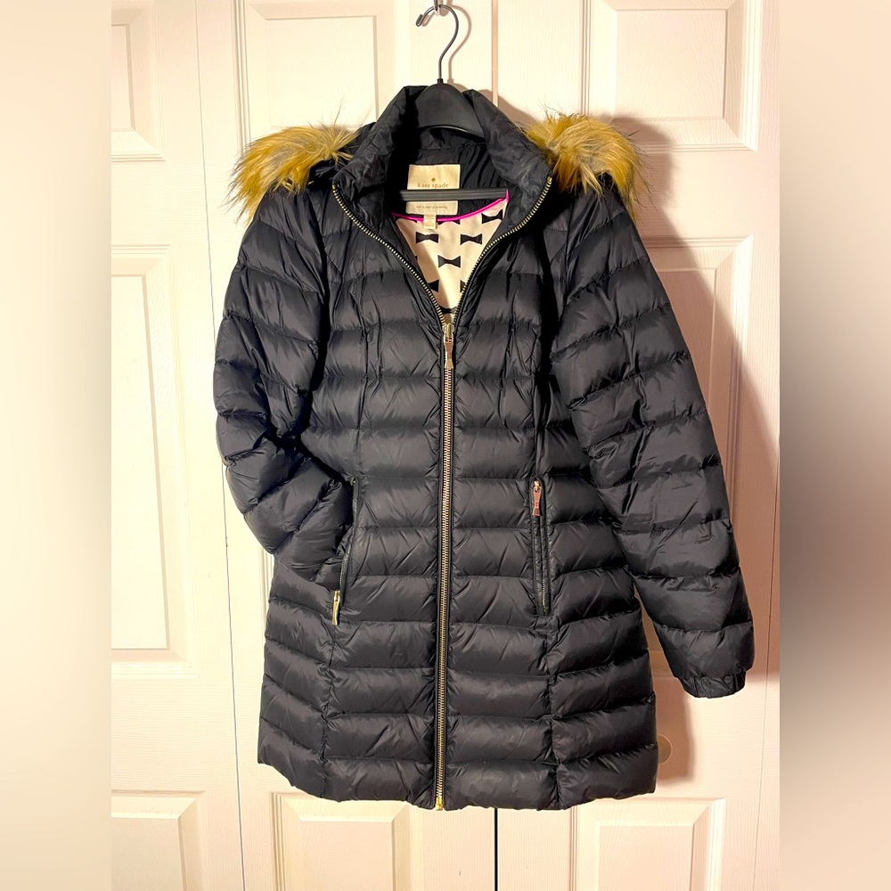 Kate Spade Black Puffer Coat with Faux Fur Trim